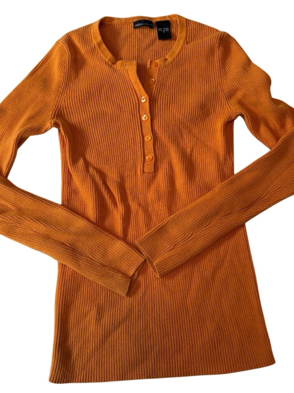 Moda International Ribbed Henley Long Sleeve Top - Burnt Orange